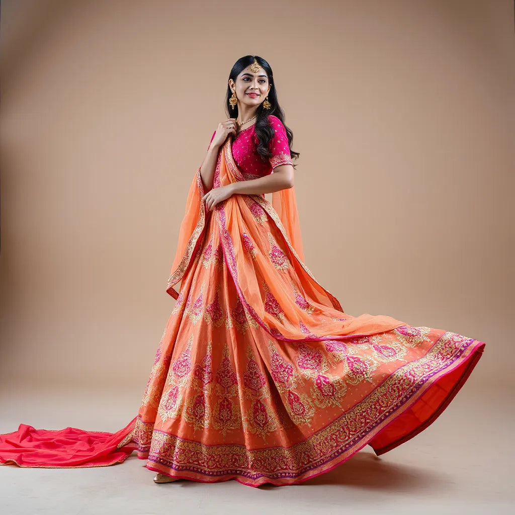 Model wearing a vibrant embellished party lehenga with dupatta draped over one shoulder in soft studio light