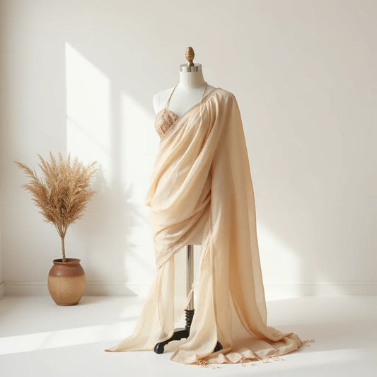 Elegant strappy georgette sari draped smoothly on a model with soft flowing fabric and delicate blouse straps