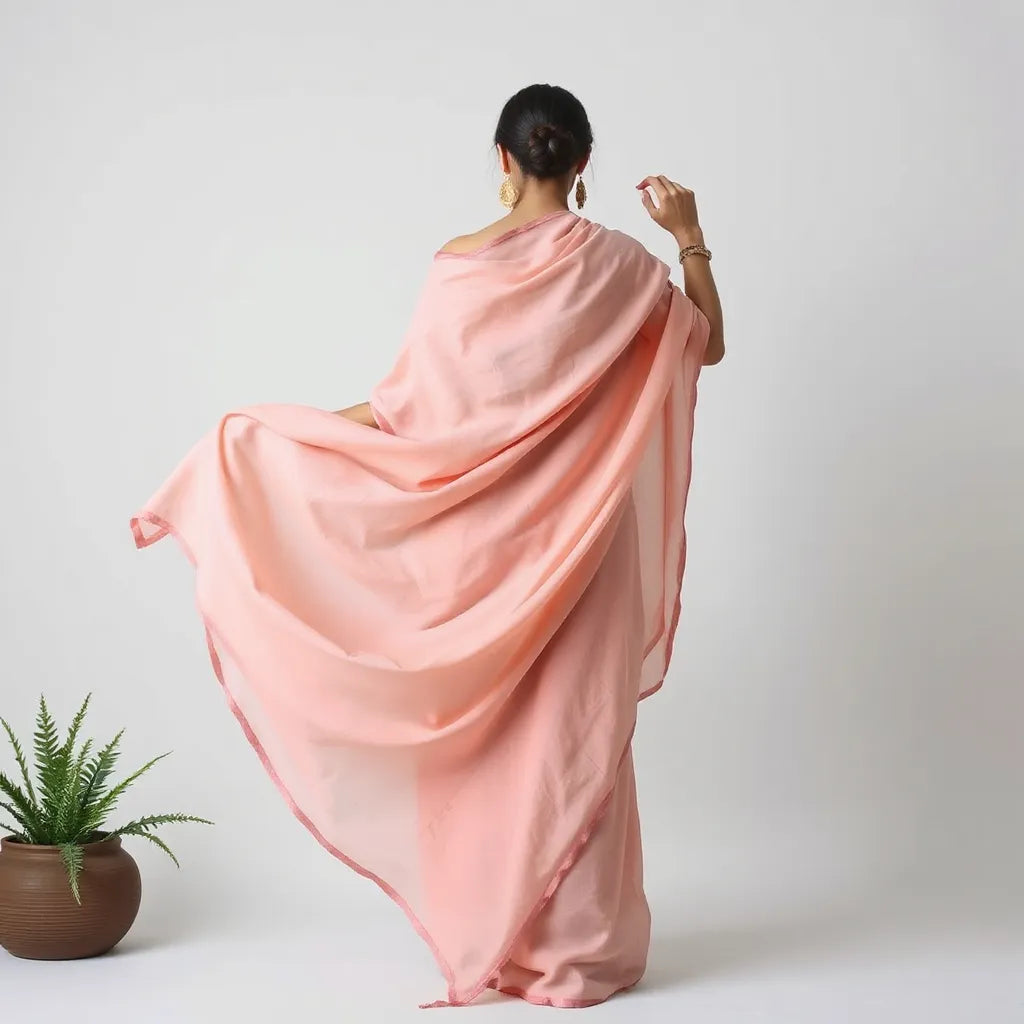 Flowing chiffon saree draped neatly on a shoulder, showing soft folds and lightweight fabric movement.