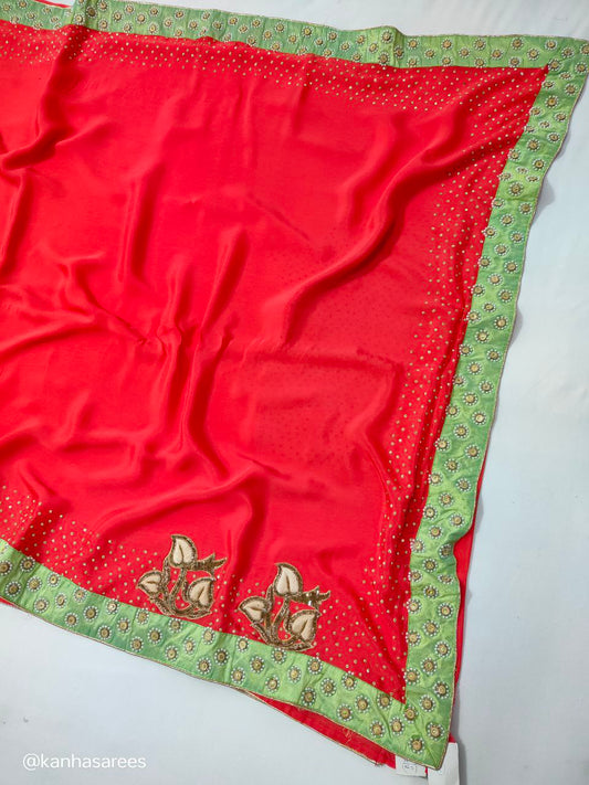 Pure Crepe Handwork Saree with Stone Highlights and Buties – Designer Saree with Matching Blouse - Kanhasarees by ksds