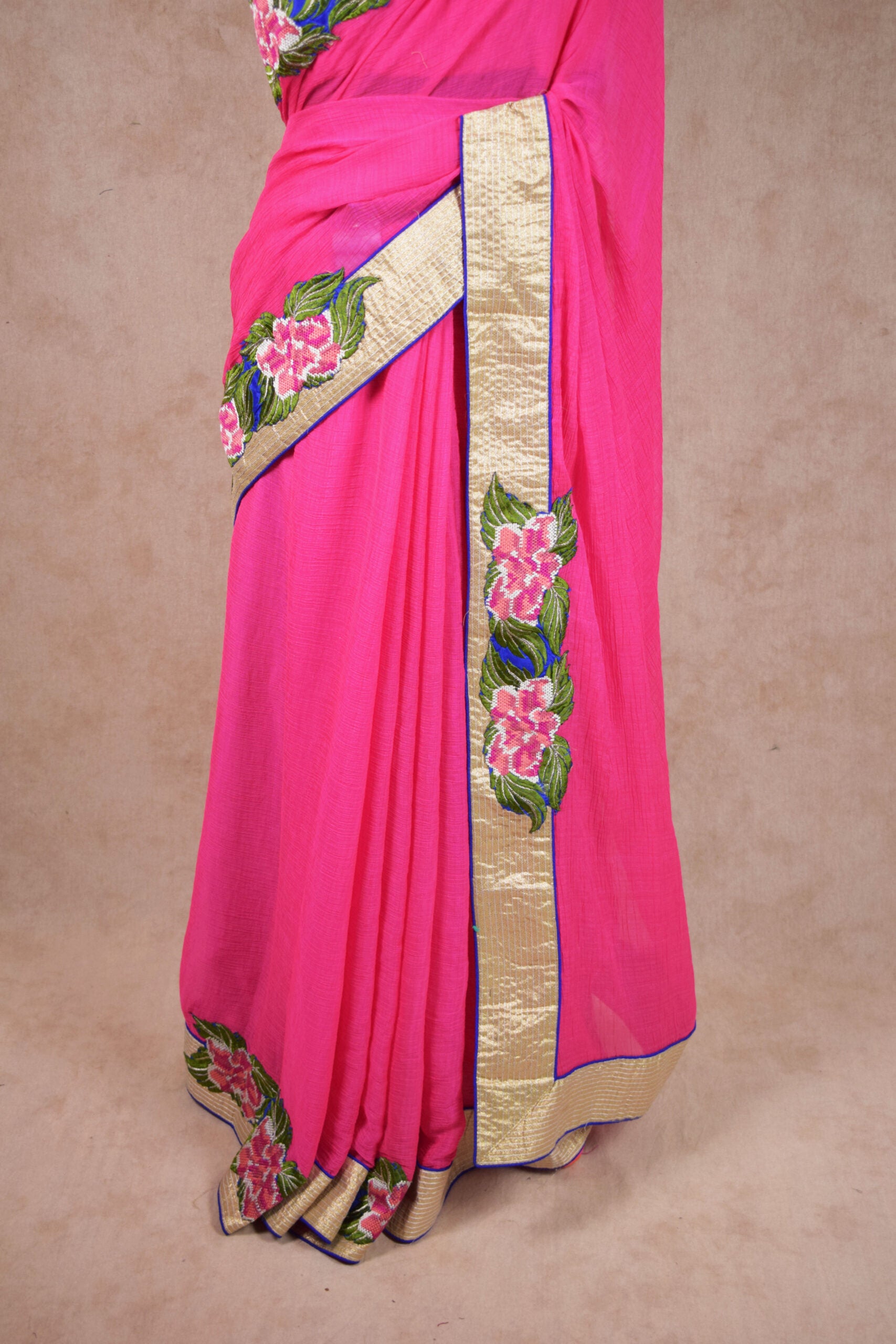 Pink Crush Saree with Embroidery Aplique Work - KANHASAREE