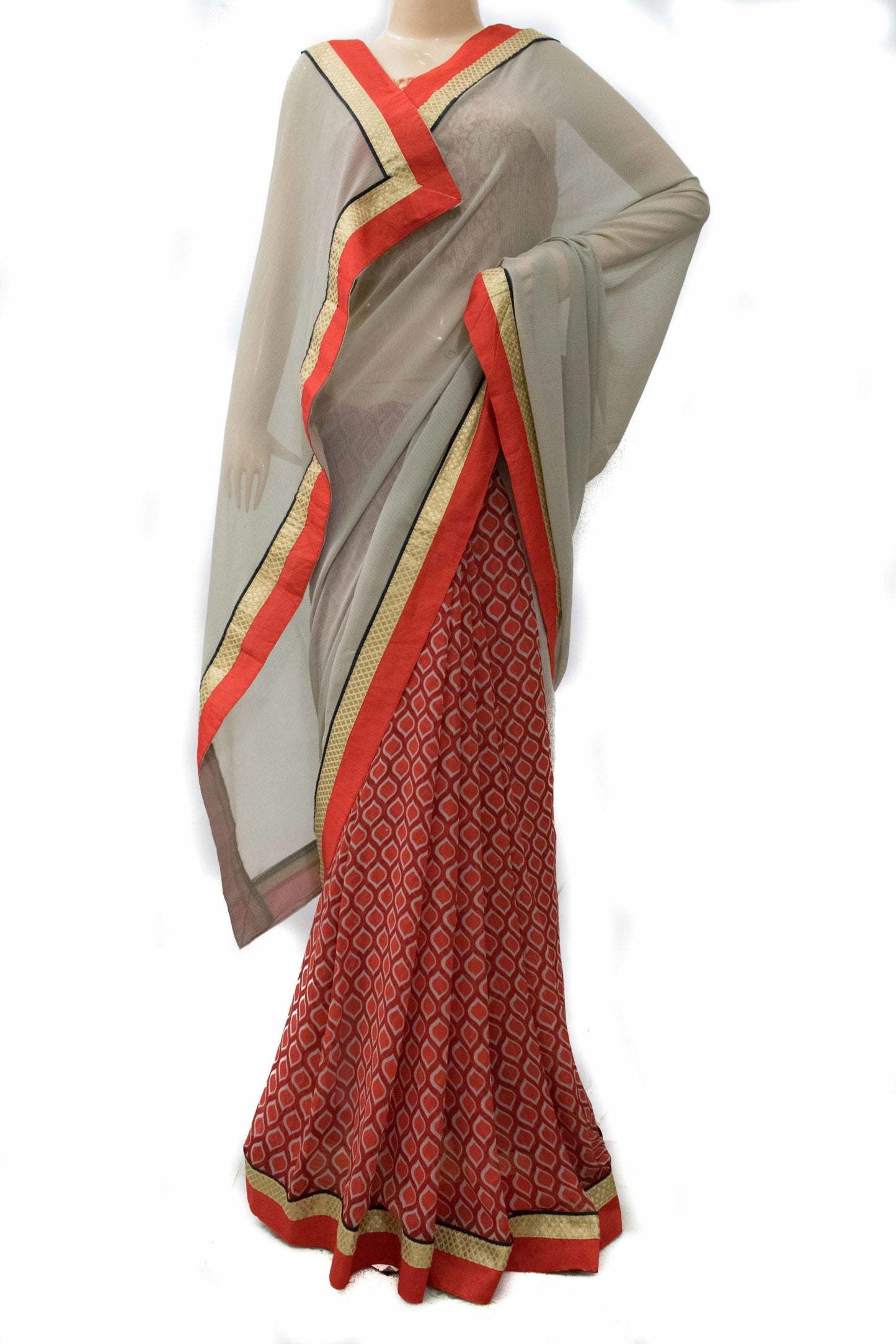 Grey Color Half Printed Saree - KANHASAREE