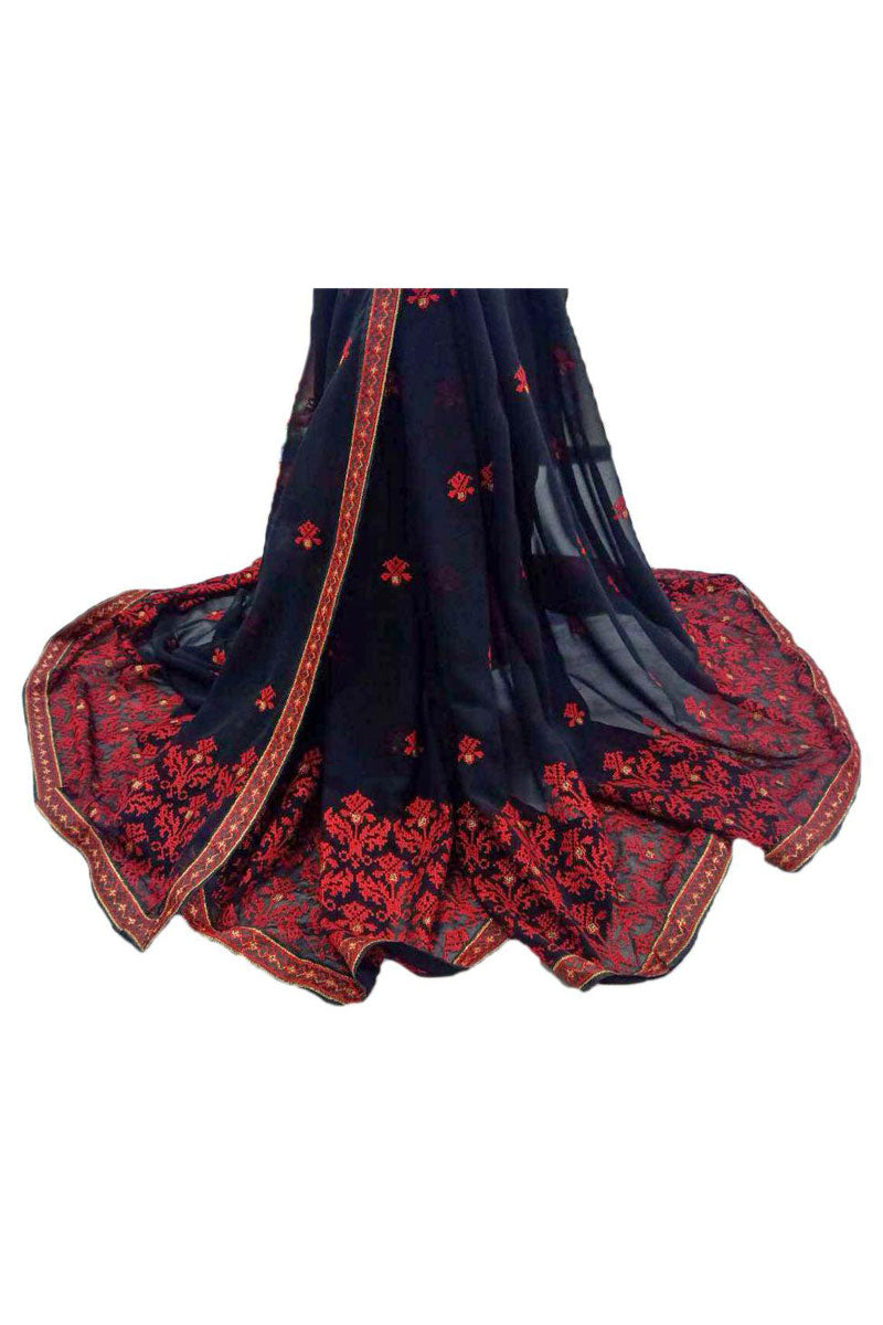 Black Red Embroidery Saree - KANHASAREE