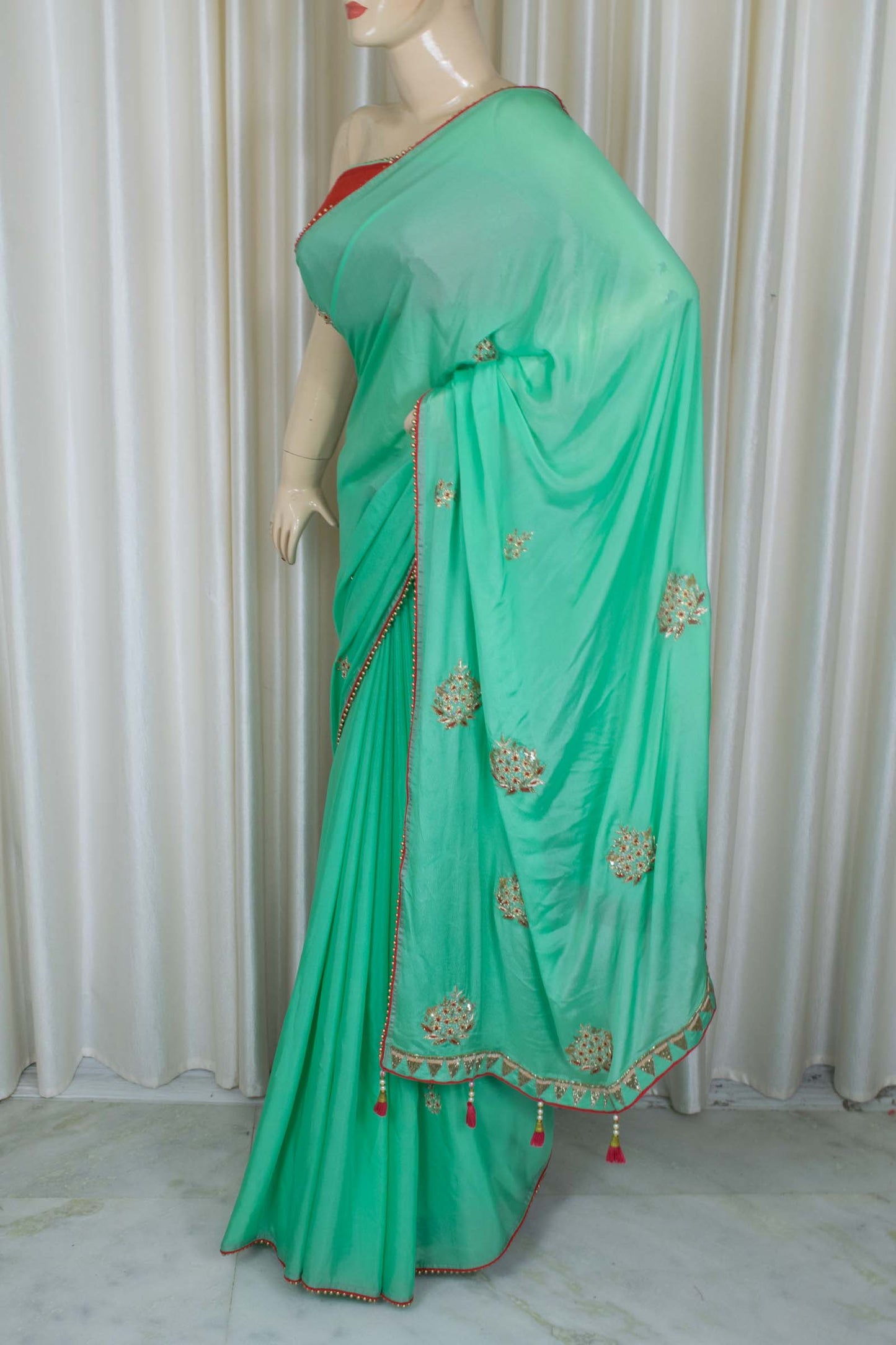 Green Red Designer Crepe Handwork Saree - KANHASAREE