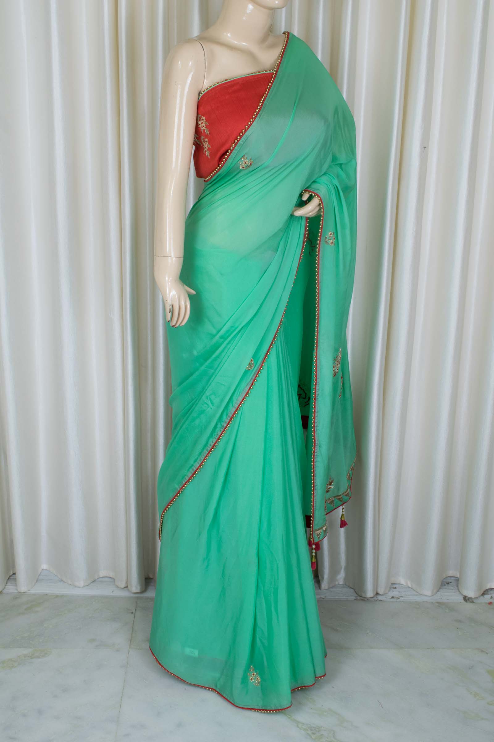 Green Red Designer Crepe Handwork Saree - KANHASAREE