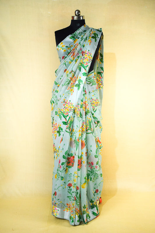 Beautiful Sky Blue Color Linen Printed Saree - Kanhasarees by ksds