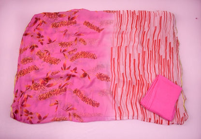 Floral Print Pink Color Chiffon Saree - KANHASAREE