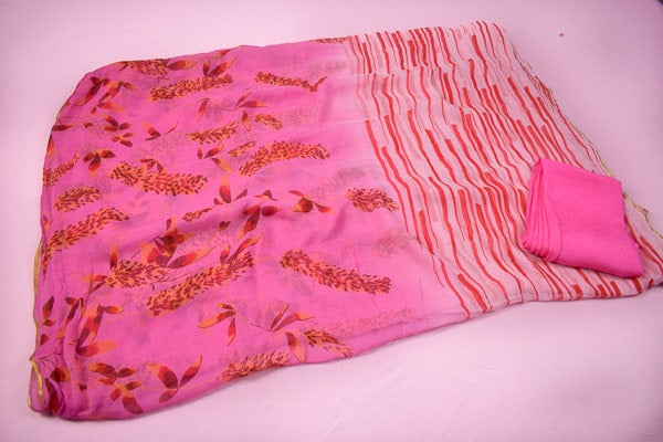 Floral Print Pink Color Chiffon Saree - KANHASAREE