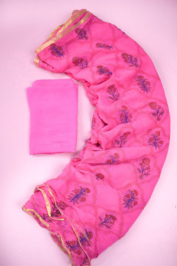 Floral Block Print Pure Chiffon Pink Saree - KANHASAREE