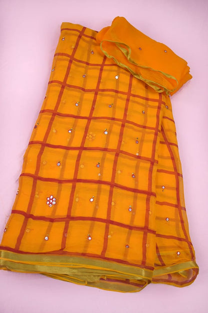 Yellow color Pure Chiffon Leheriya Checks Print Saree - KANHASAREE