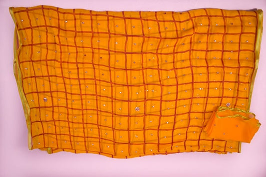 Yellow color Pure Chiffon Leheriya Checks Print Saree - Kanhasarees by ksds