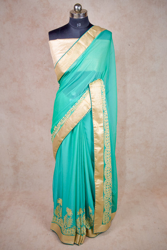 Sea Green Fancy Georgette Saree | Zari Thread Embroidery & Golden Border