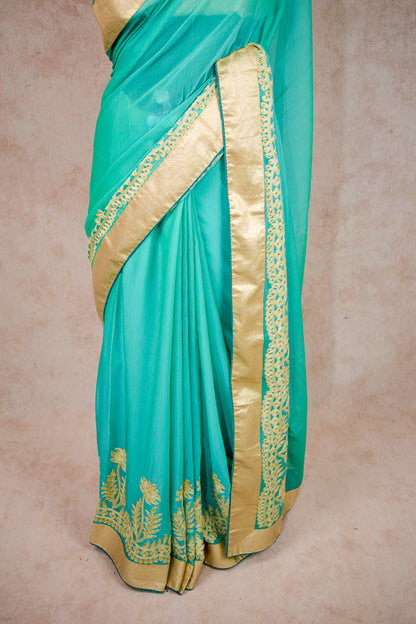 Sea Green Fancy Georgette Saree | Zari Thread Embroidery & Golden Border