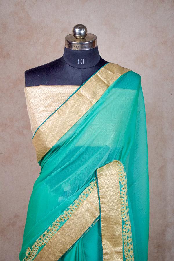 Sea Green Fancy Georgette Saree | Zari Thread Embroidery & Golden Border