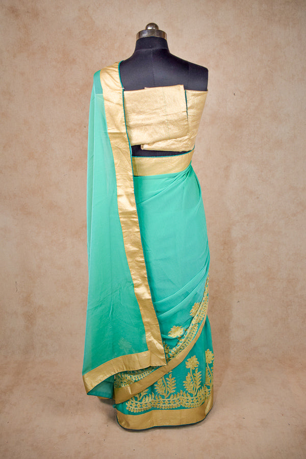 Sea Green Fancy Georgette Saree | Zari Thread Embroidery & Golden Border