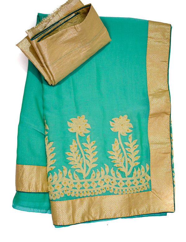 Sea Green Fancy Georgette Saree | Zari Thread Embroidery & Golden Border