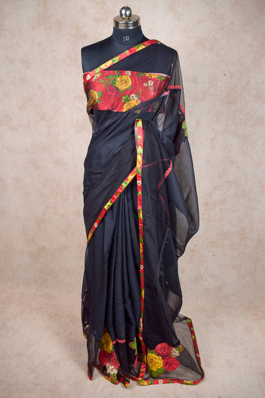 Black Georgette Saree | Black Net Border with Floral Appliqué Work & Satin Printed Blouse