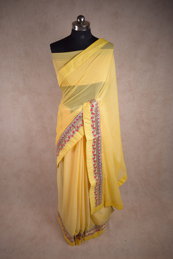 Yellow Semi Chiffon Georgette Saree | Fancy Gota Work Border & Soft Dupion Silk Blouse