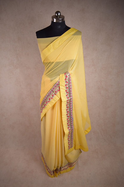 Yellow Semi Chiffon Georgette Saree | Fancy Gota Work Border & Soft Dupion Silk Blouse