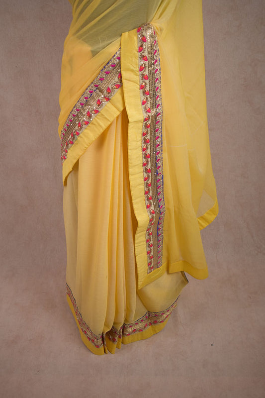 Yellow Semi Chiffon Georgette Saree | Fancy Gota Work Border & Soft Dupion Silk Blouse - Kanhasarees by ksds