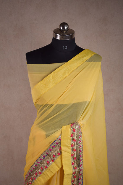 Yellow Semi Chiffon Georgette Saree | Fancy Gota Work Border & Soft Dupion Silk Blouse