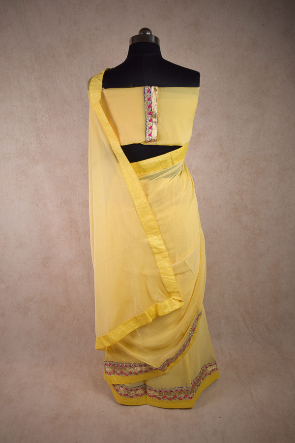 Yellow Semi Chiffon Georgette Saree | Fancy Gota Work Border & Soft Dupion Silk Blouse