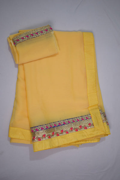 Yellow Semi Chiffon Georgette Saree | Fancy Gota Work Border & Soft Dupion Silk Blouse