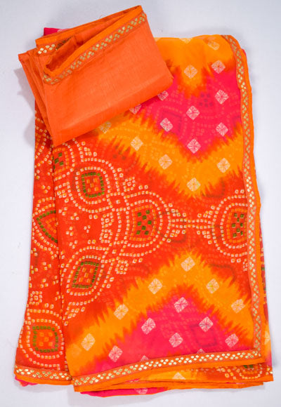 Georgette bandhani saree in pink orange - KANHASAREE