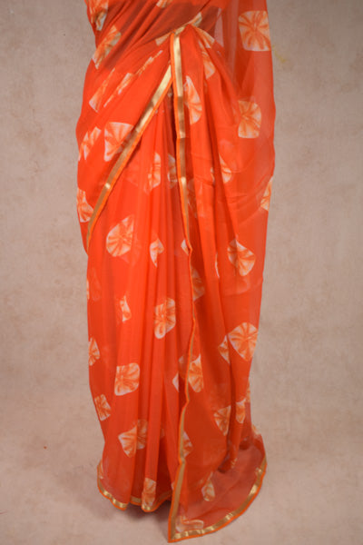 Orange Shibori Bandhani Pure Chiffon Saree with Blouse Piece - KANHASAREE