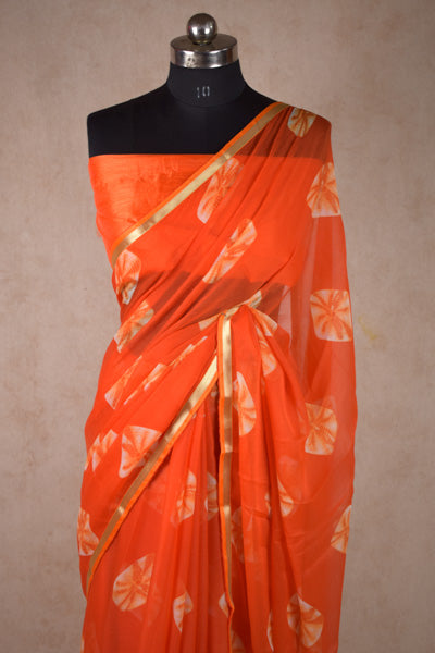 Orange Shibori Bandhani Pure Chiffon Saree with Blouse Piece - KANHASAREE