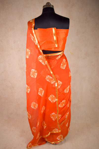 Orange Shibori Bandhani Pure Chiffon Saree with Blouse Piece - KANHASAREE