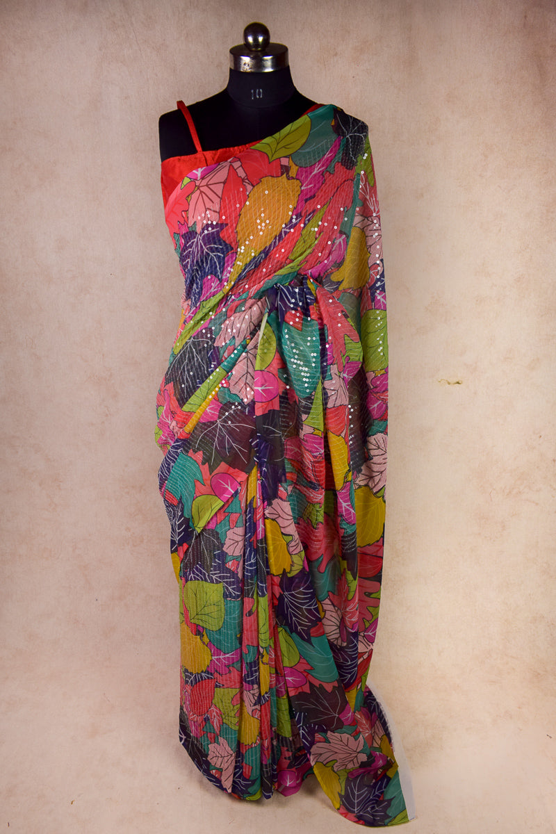 Sequin digital print saree with designer red blouse - KANHASAREE