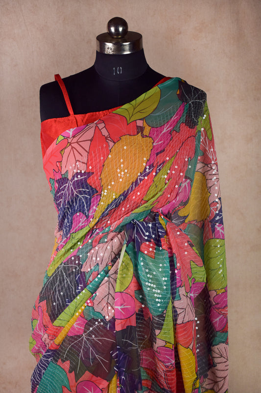 Sequin digital print saree with designer red blouse - Kanhasarees by ksds
