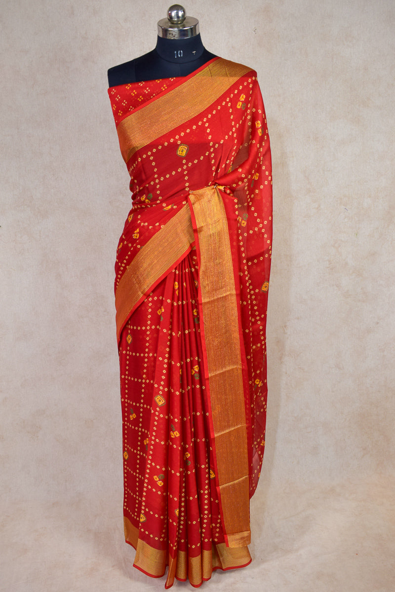 Red Checks Bandhani Saree with Banarasi Border - KANHASAREE