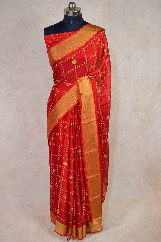 Red Checks Bandhani Saree with Banarasi Border - KANHASAREE