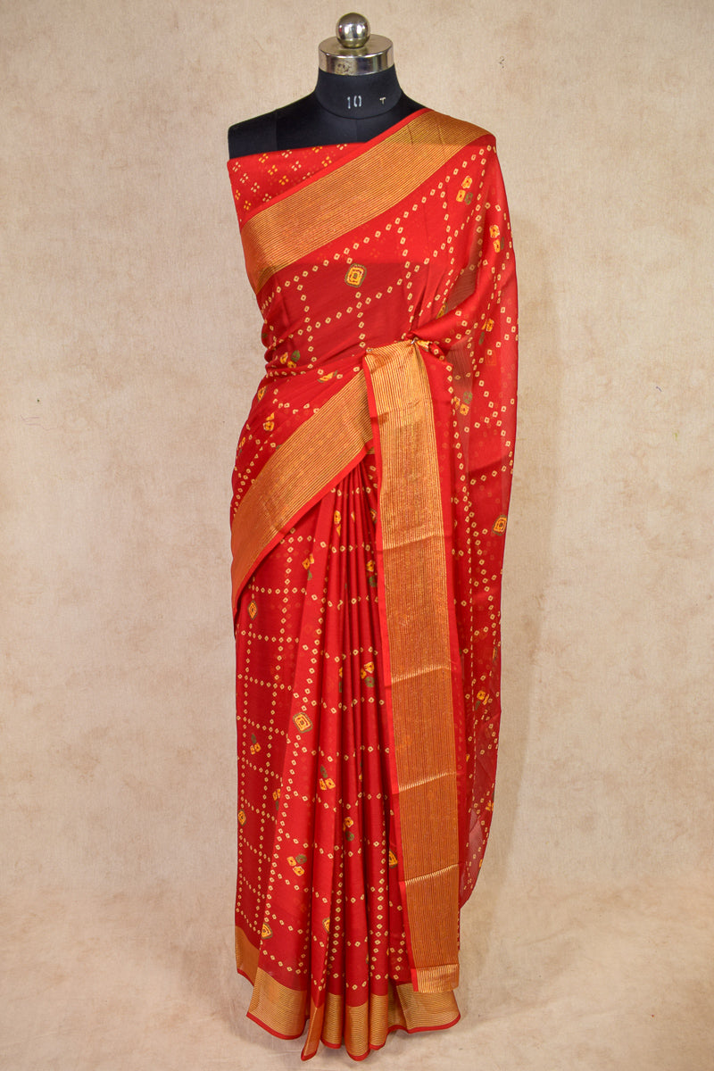 Red Checks Bandhani Saree with Banarasi Border - KANHASAREE