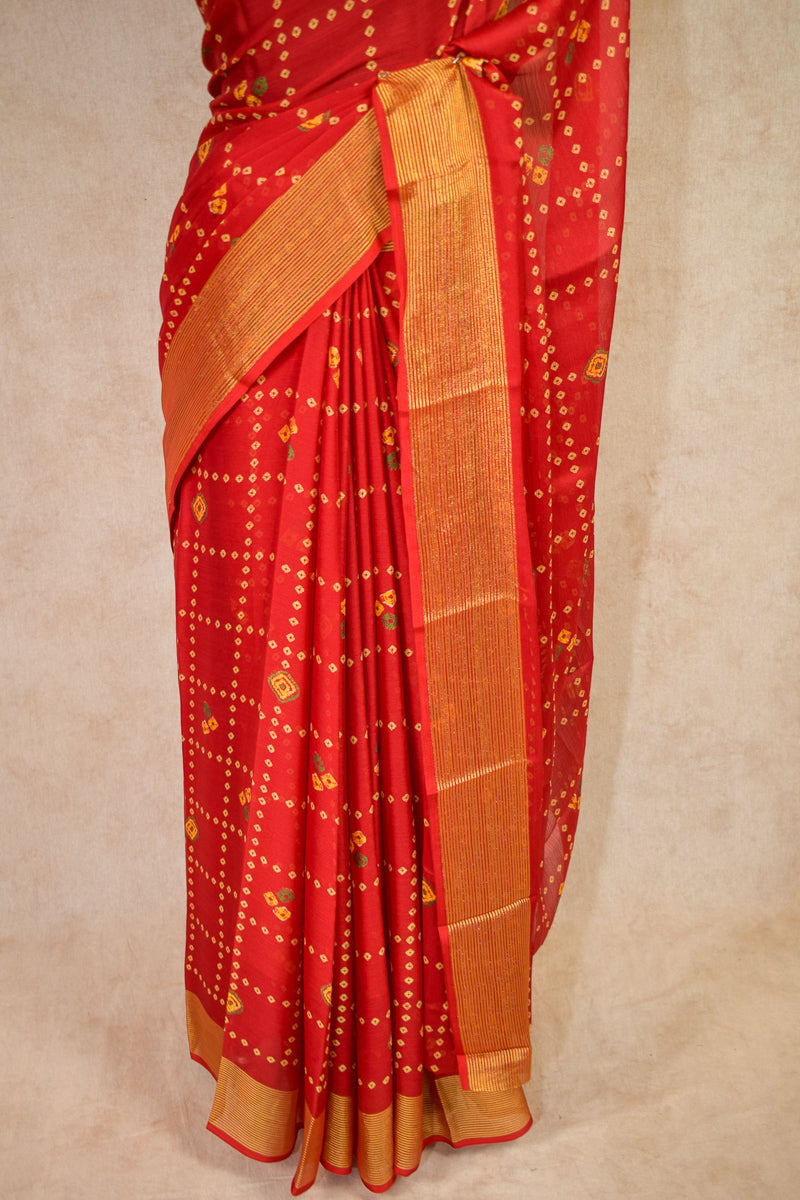 Red Checks Bandhani Saree with Banarasi Border - KANHASAREE