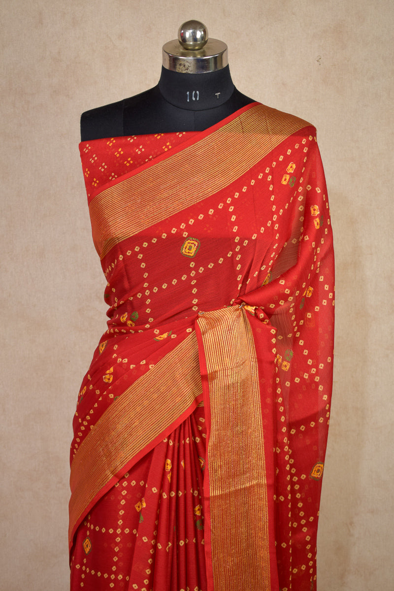 Red Checks Bandhani Saree with Banarasi Border - KANHASAREE