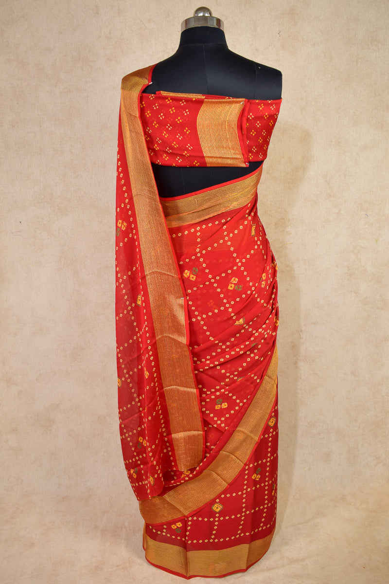 Red Checks Bandhani Saree with Banarasi Border - KANHASAREE