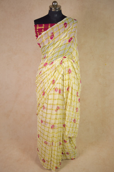 Divine Off White Zari Checks Bandhani Saree - KANHASAREE