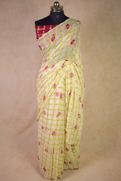 Divine Off White Zari Checks Bandhani Saree - KANHASAREE