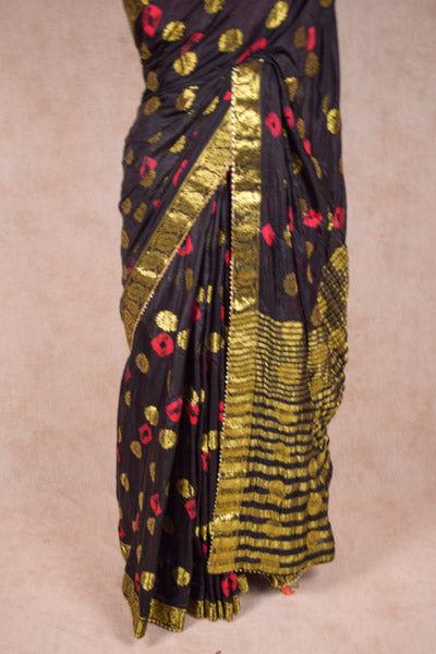 Soft Silk Black Bandhani Saree With Zari Border - Kanhasarees by ksds