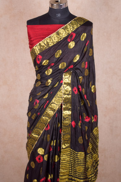 Soft Silk Black Bandhani Saree With Zari Border - KANHASAREE