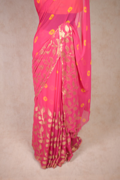 Traditional Indian Georgette Pink Bandhej Zari leaf Bandhani Saree - KANHASAREE