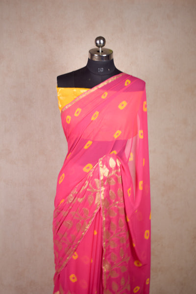 Traditional Indian Georgette Pink Bandhej Zari leaf Bandhani Saree - KANHASAREE