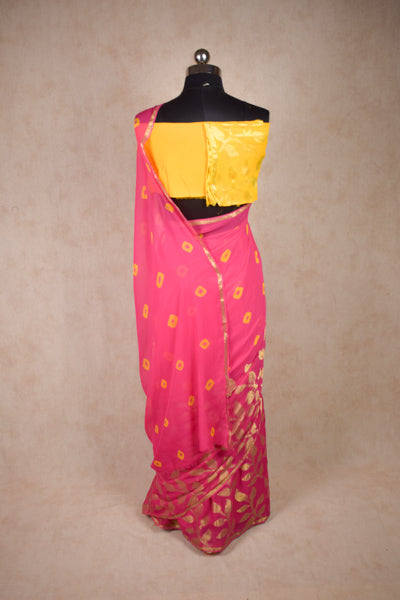 Traditional Indian Georgette Pink Bandhej Zari leaf Bandhani Saree - KANHASAREE