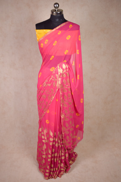 Traditional Indian Georgette Pink Bandhej Zari leaf Bandhani Saree - KANHASAREE