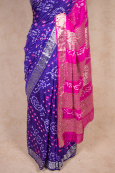 Traditional Blue Pink Bandhani Saree in Art Silk with Zari Border - KANHASAREE