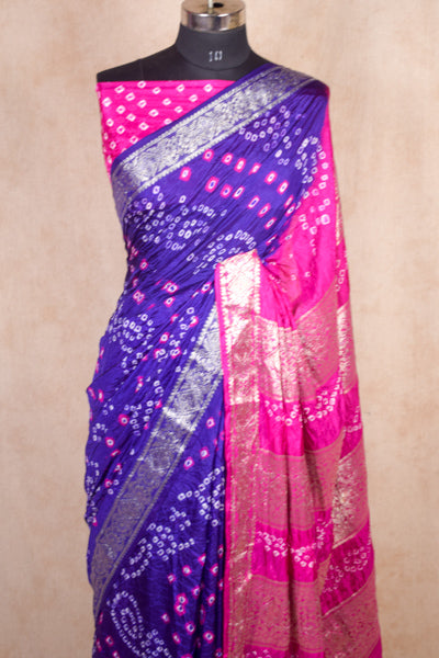 Traditional Blue Pink Bandhani Saree in Art Silk with Zari Border - KANHASAREE