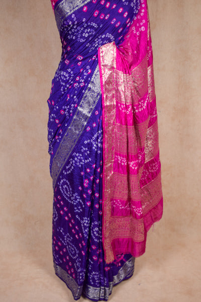 Traditional Blue Pink Bandhani Saree in Art Silk with Zari Border - KANHASAREE